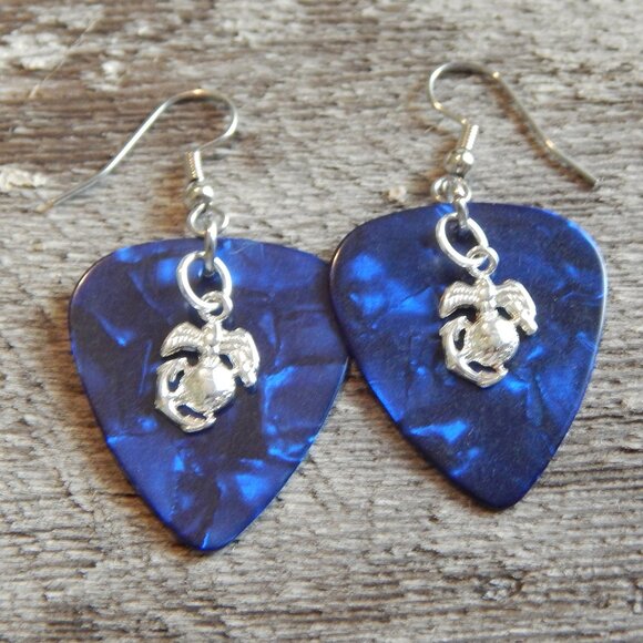 BLUE US MARINE GUITAR PICK EARRINGS with SILVER GLOBE AND ANCHOR CHARMS - Picture 1 of 1